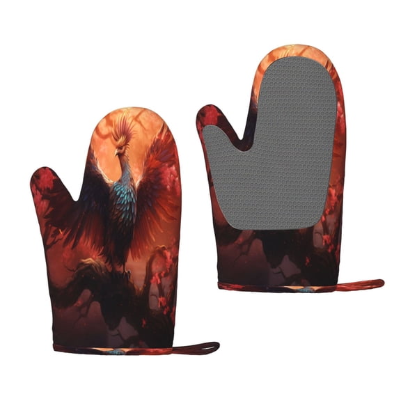 Hirioo Sunset Blossoms Phoenix Perch for Silicone Oven Mitts for BBQ, Baking, Cooking, Set of 2, Heat Resistant 260, Non-Slip Kitchen Essentials