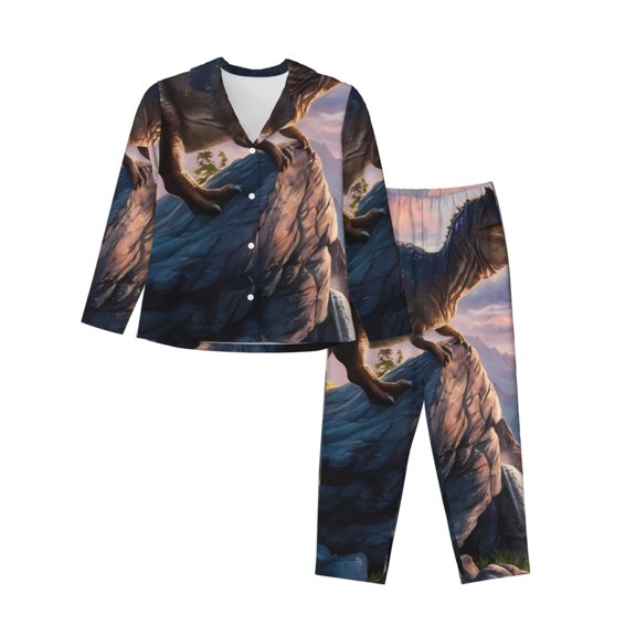 Hirioo Sunset Cliff Dinosaur for Women's Pajama Sets 2 Piece Pjs Women's Long-Sleeved Pajama Set Button Down Sleepwear,S-XXL-X-Large