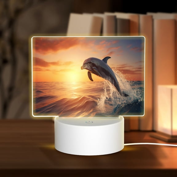 Hirioo Sunset Dancing Dolphin A for Rectangular Acrylic with Night Light Best Gifts for Lover Girl Mom, Valentine's Day Anniversary Birthday Wedding Present