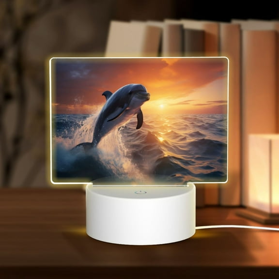 Hirioo Sunset Dancing Dolphin for Rectangular Acrylic with Night Light Best Gifts for Lover Girl Mom, Valentine's Day Anniversary Birthday Wedding Present