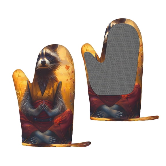 Hirioo Sunset Flower Meditating Raccoon for Silicone Oven Mitts for BBQ, Baking, Cooking, Set of 2, Heat Resistant 260, Non-Slip Kitchen Essentials