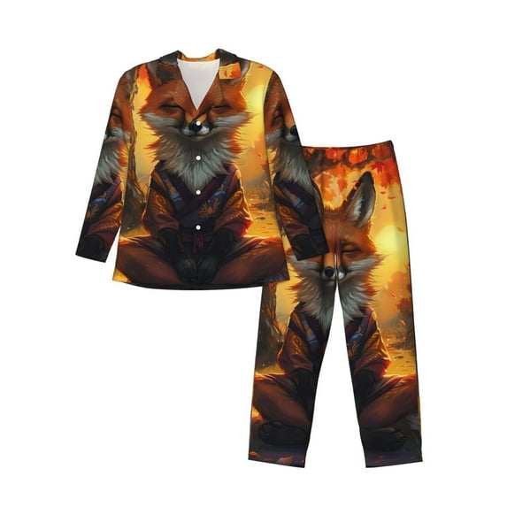 Hirioo Sunset Maple Tree Fox for Men's Pajama Sets 2 Piece Pjs Men's Long-Sleeved Pajama Set Button Down Sleepwear,S-XXL-Small