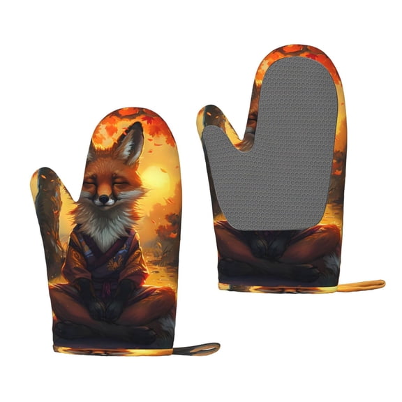 Hirioo Sunset Maple Tree Fox for Silicone Oven Mitts for BBQ, Baking, Cooking, Set of 2, Heat Resistant 260, Non-Slip Kitchen Essentials
