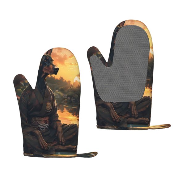 Hirioo Sunset Meditating Doberman for Silicone Oven Mitts for BBQ, Baking, Cooking, Set of 2, Heat Resistant 260, Non-Slip Kitchen Essentials