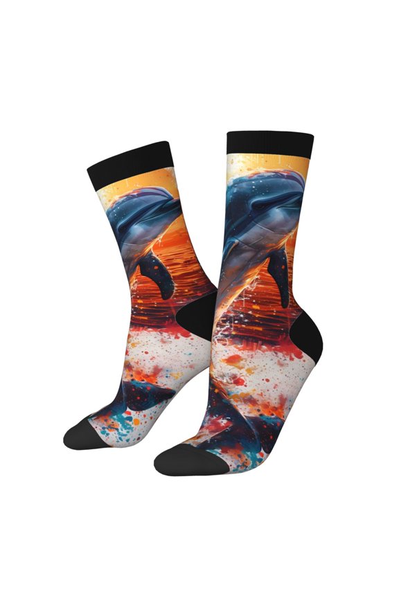 Sunset Ocean Watercolor Dolphin Pattern Adult Middle Tube Socks Breathable Sock Non-Pilling,Contrasting Color Design