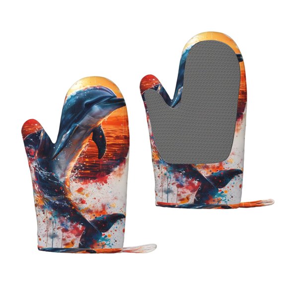 Hirioo Sunset Ocean Watercolor Dolphin for Silicone Oven Mitts for BBQ, Baking, Cooking, Set of 2, Heat Resistant 260, Non-Slip Kitchen Essentials