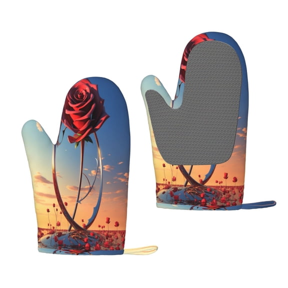 Hirioo Sunset Rose Elegance for Silicone Oven Mitts for BBQ, Baking, Cooking, Set of 2, Heat Resistant 260, Non-Slip Kitchen Essentials