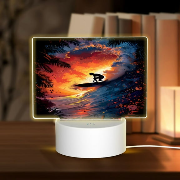 Hirioo Sunset Surfing Silhouette for Rectangular Acrylic with Night Light Best Gifts for Lover Girl Mom, Valentine's Day Anniversary Birthday Wedding Present