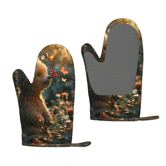 Hirioo Sunshine Butterfly Flower Bear for Silicone Oven Mitts for BBQ, Baking, Cooking, Set of 2, Heat Resistant 260, Non-Slip Kitchen Essentials