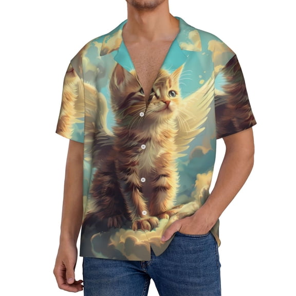 Hirioo Sunshine Cloud Cute Cat for Men's Cuban Collar Short Sleeve Shirt Button Down Shirt Beach Summer Shirts Wedding Vacation Shirts-X-Large