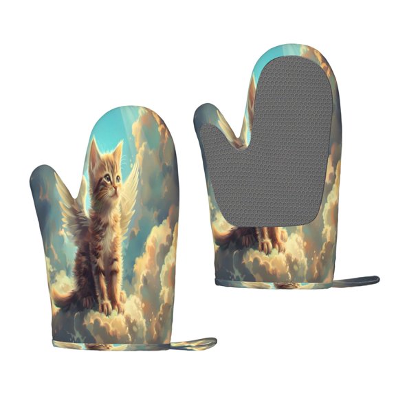 Hirioo Sunshine Cloud Cute Cat for Silicone Oven Mitts for BBQ, Baking, Cooking, Set of 2, Heat Resistant 260, Non-Slip Kitchen Essentials