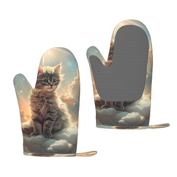 Hirioo Sunshine Cloud Kitten for Silicone Oven Mitts for BBQ, Baking, Cooking, Set of 2, Heat Resistant 260, Non-Slip Kitchen Essentials