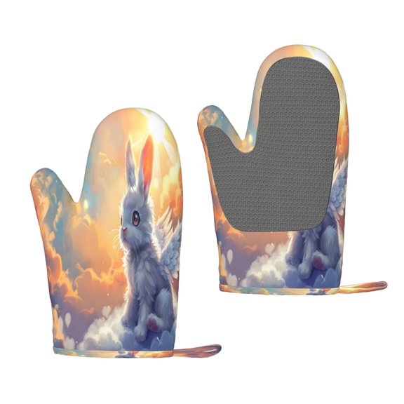 Hirioo Sunshine Colorful Cloud Rabbit for Silicone Oven Mitts for BBQ, Baking, Cooking, Set of 2, Heat Resistant 260, Non-Slip Kitchen Essentials
