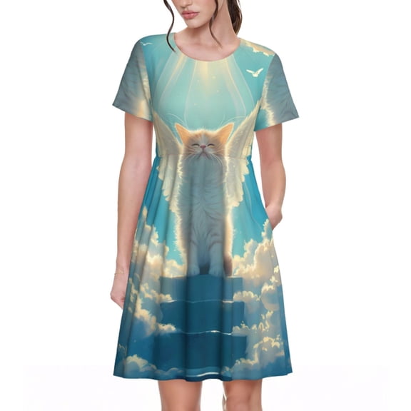 Hirioo Sunshine Cute Winged Cat for Short Sleeve Dress Women's Short Sleeve Dress with Pockets