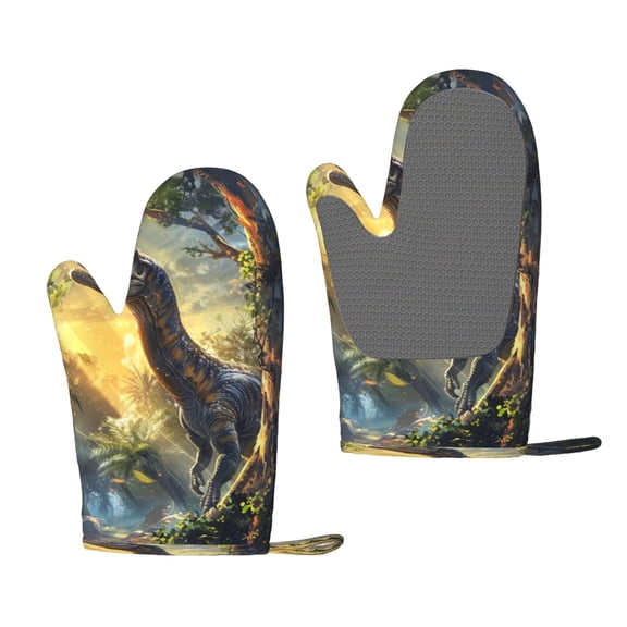 Hirioo Sunshine Jungle Dinosaur for Silicone Oven Mitts for BBQ, Baking, Cooking, Set of 2, Heat Resistant 260, Non-Slip Kitchen Essentials