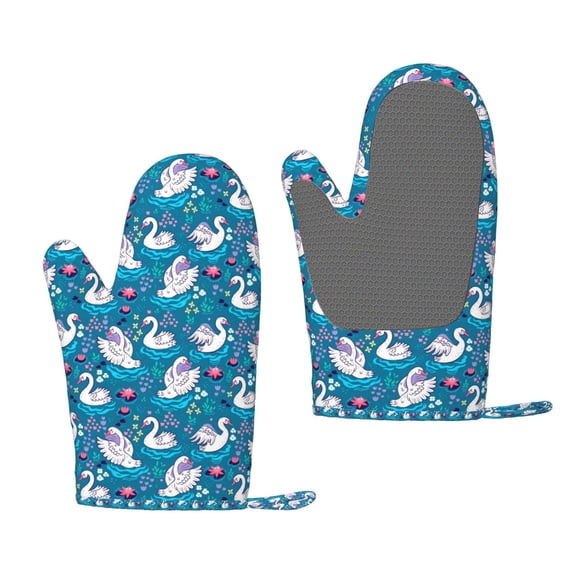 Hirioo Swan On The Pond for Silicone Oven Mitts for BBQ, Baking, Cooking, Set of 2, Heat Resistant 260, Non-Slip Kitchen Essentials