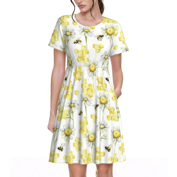 Hirioo Sweet Honey for Short Sleeve Dress Women's Short Sleeve Dress with Pockets