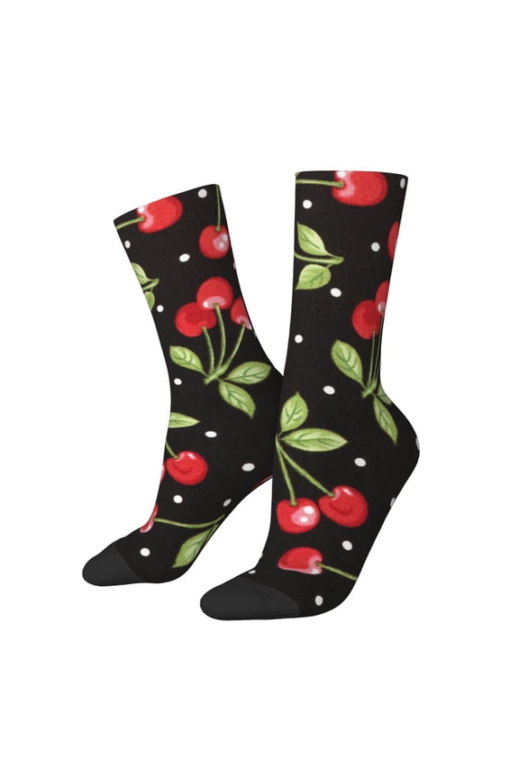 Sweet Red Cherry Pattern Adult Middle Tube Socks Breathable Sock Non-Pilling,Contrasting Color Design