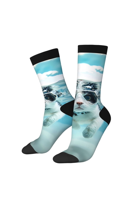 Swimming Cat Goggles Pattern Adult Middle Tube Socks Breathable Sock Non-Pilling,Contrasting Color Design