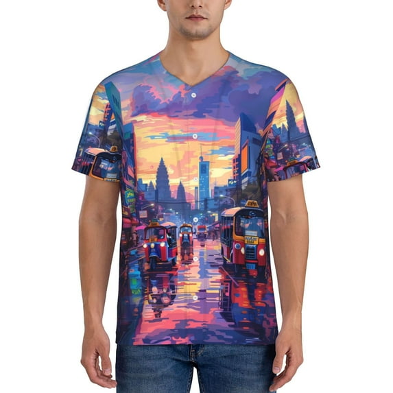 Hirioo Taxi Colorful Town for Men's Baseball T-shirt Shirts Short Sleeve Casual Summer Button Stretch T Shirts,Size S-4XL-X-Large