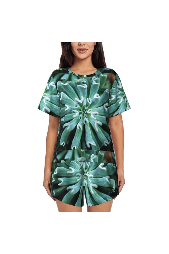Teal Cactus for Women's 2 Piece Short-Sleeved Pajama PJ Sets for Women Shorts with Pockets Womens Lounge Set-Large