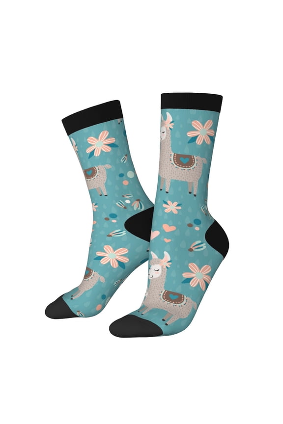 Teal Mama Llama Pattern Adult Middle Tube Socks Breathable Sock Non-Pilling,Contrasting Color Design