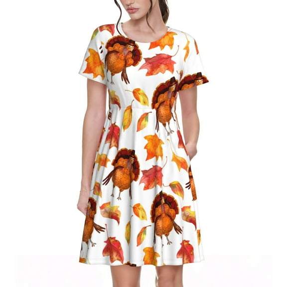 Hirioo Thanksgiving Turkey Leaves for Short Sleeve Dress Women's Short Sleeve Dress with Pockets