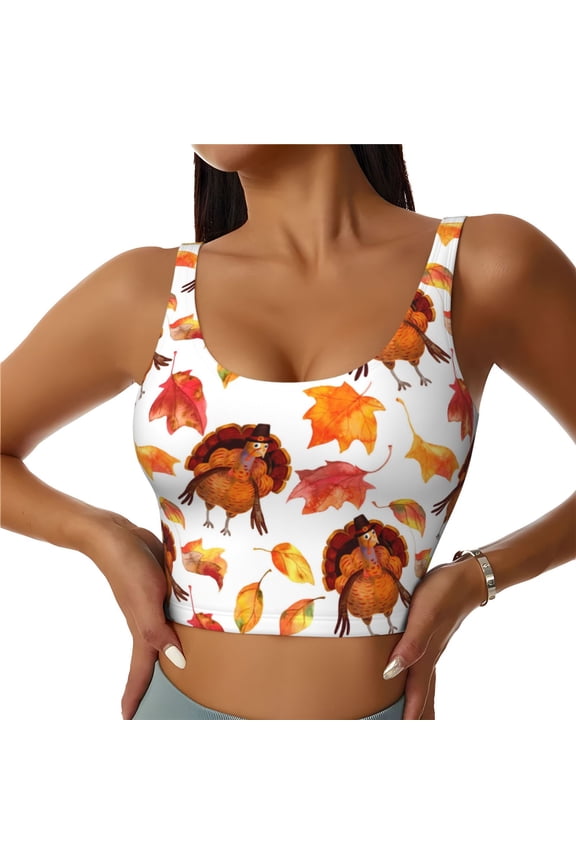 Thanksgiving Turkey Leaves for Women's Sports Vest with Full-Print Design, Stretchy Fabric and Removable Pads-X-Large