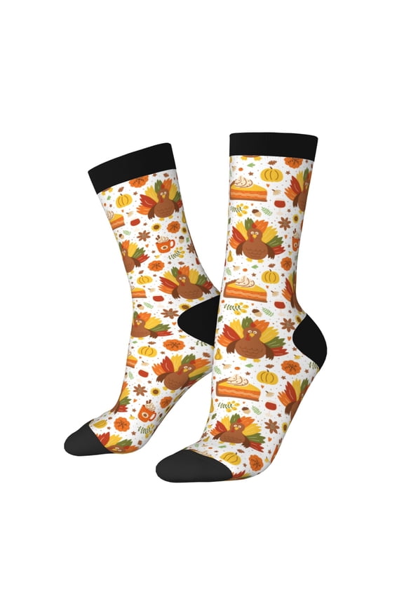 Thanksgiving With Turkey Pattern Adult Middle Tube Socks Breathable Sock Non-Pilling,Contrasting Color Design