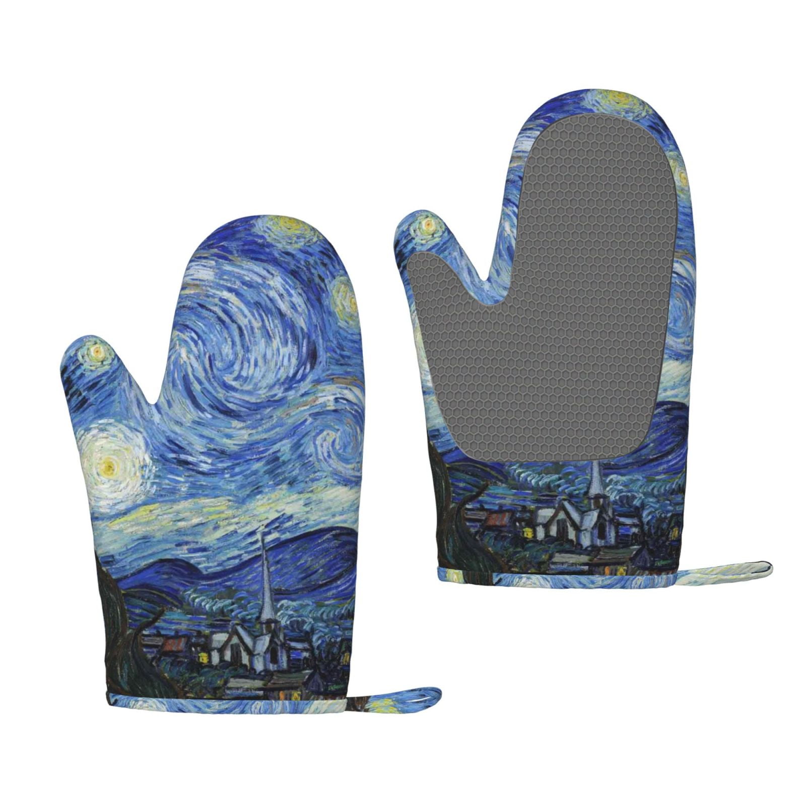 Hirioo The Starry Night for Silicone Oven Mitts for BBQ, Baking, Cooking, Set of 2, Heat Resistant 260℃, Non-Slip Kitchen Essentials