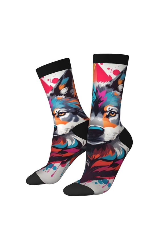 Tie-Dye Wolf Head Pattern Adult Middle Tube Socks Breathable Sock Non-Pilling,Contrasting Color Design