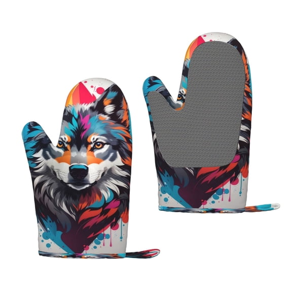 Hirioo Tie-Dye Wolf Head for Silicone Oven Mitts for BBQ, Baking, Cooking, Set of 2, Heat Resistant 260, Non-Slip Kitchen Essentials