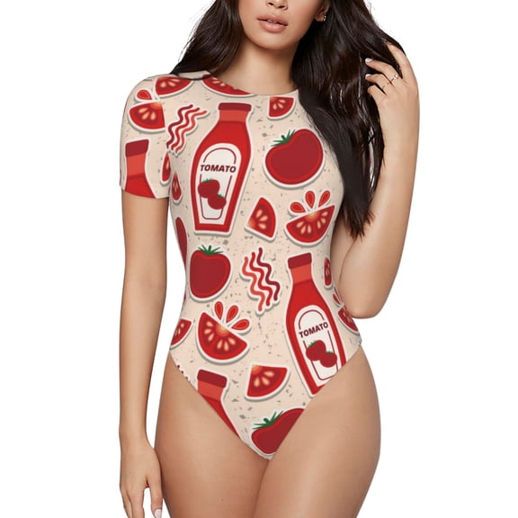 Hirioo Tomatoes for Women's Round Neck Short-sleeved Onesie Basic Bodysuits-X-Large