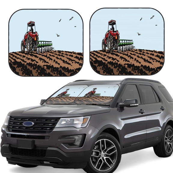 Hirioo Tractor plowing a field for 2PCS Windshield Sun Shade Foldable | Front Windshield Shade for Sun, Heat and UV Rays-Small