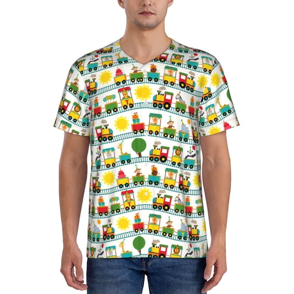 Hirioo Train With Animals for Men's Baseball T-shirt Shirts Short Sleeve Casual Summer Button Stretch T Shirts,Size S-4XL-XX-Large