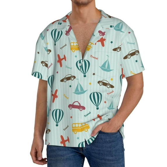 Hirioo Transport Travel for Men's Cuban Collar Short Sleeve Shirt Button Down Shirt Beach Summer Shirts Wedding Vacation Shirts-X-Large