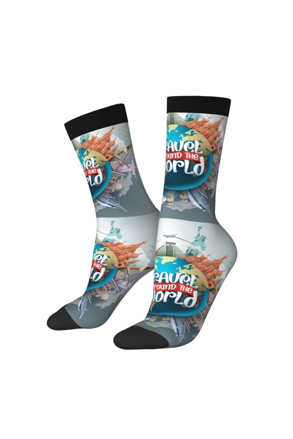 Travel Around The World Pattern Adult Middle Tube Socks Breathable Sock Non-Pilling,Contrasting Color Design