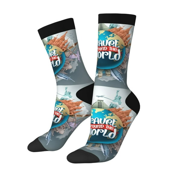 Hirioo Travel Around The World Pattern Adult Middle Tube Socks Breathable Sock Non-Pilling,Contrasting Color Design