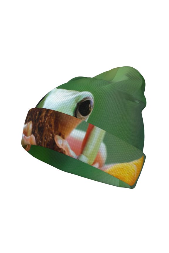 Tree Frog Sitting On Sunflowes for Men's Knit Cuffed Beanie for Outdoor Activities Unisex