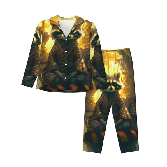 Hirioo Tree Meditating Raccoon for Women's Pajama Sets 2 Piece Pjs Women's Long-Sleeved Pajama Set Button Down Sleepwear,S-XXL-Medium