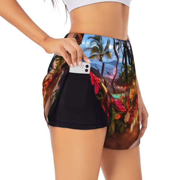 Hirioo Tropical Beach Candlelight for Women's Double Layer Athletic Shorts High-Performance Gym Shorts with Inner Pocket, Elastic Waistband-Large