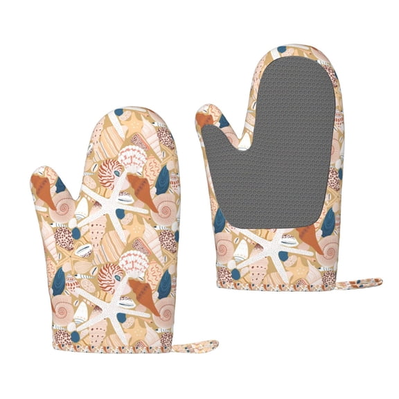 Hirioo Tropical Beach Sea Shell for Silicone Oven Mitts for BBQ, Baking, Cooking, Set of 2, Heat Resistant 260, Non-Slip Kitchen Essentials