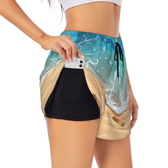 Hirioo Tropical Beach With Starfish for Women's Double Layer Athletic Shorts High-Performance Gym Shorts with Inner Pocket, Elastic Waistband-Small