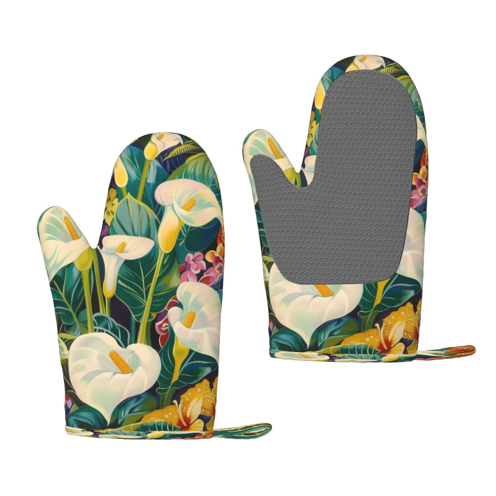 Hirioo Tropical Floral Jungle for Silicone Oven Mitts for BBQ, Baking, Cooking, Set of 2, Heat Resistant 260℃, Non-Slip Kitchen Essentials