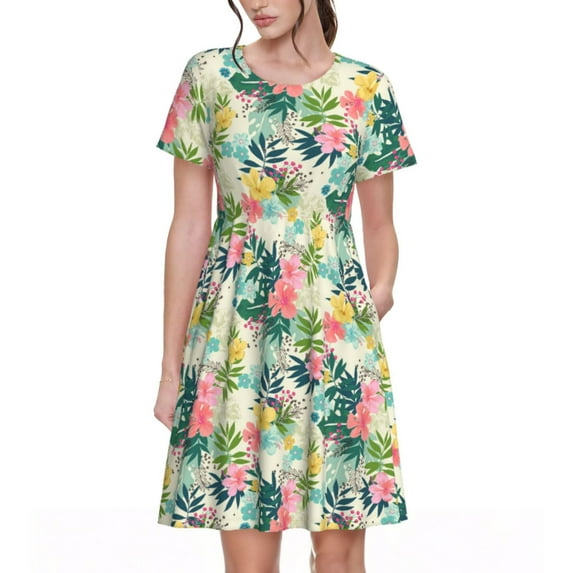 Hirioo Tropical Flowers for Short Sleeve Dress Women's Short Sleeve Dress with Pockets
