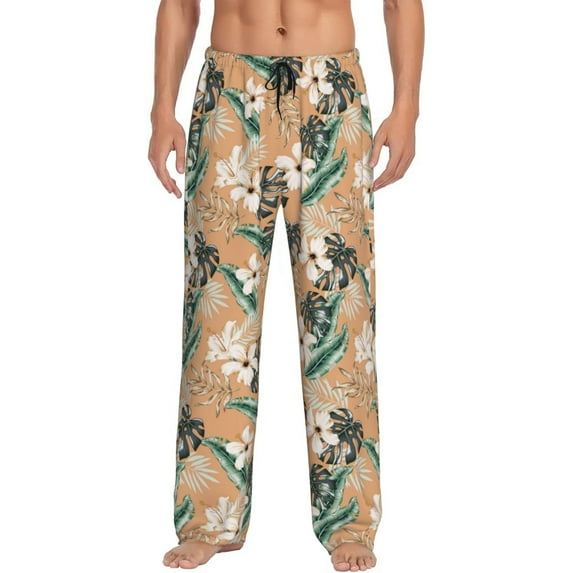 Hirioo Tropical Leaves Flower for Men's PJ Pajama Pants Sleep Pants Men's Home Trousers with Pockets,S-3XL-X-Large