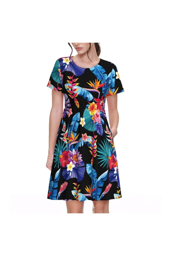 Tropical Palm Leaves for Short Sleeve Dress Women's Short Sleeve Dress with Pockets