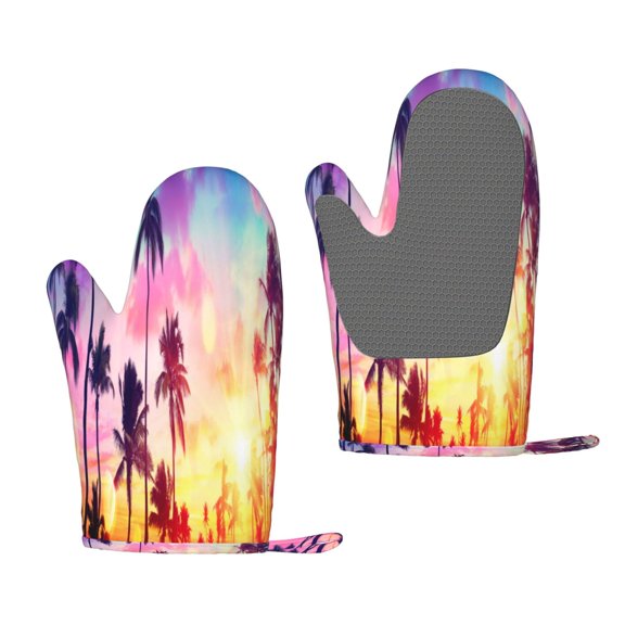 Hirioo Tropical Palm Tree at Sunset for Silicone Oven Mitts for BBQ, Baking, Cooking, Set of 2, Heat Resistant 260, Non-Slip Kitchen Essentials