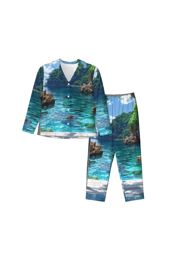 Tropical Paradise Window View for Women's Pajama Sets 2 Piece Pjs Women's Long-Sleeved Pajama Set Button Down Sleepwear,S-XXL-Large