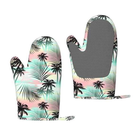 Hirioo Tropical Summer Palm for Silicone Oven Mitts for BBQ, Baking, Cooking, Set of 2, Heat Resistant 260, Non-Slip Kitchen Essentials